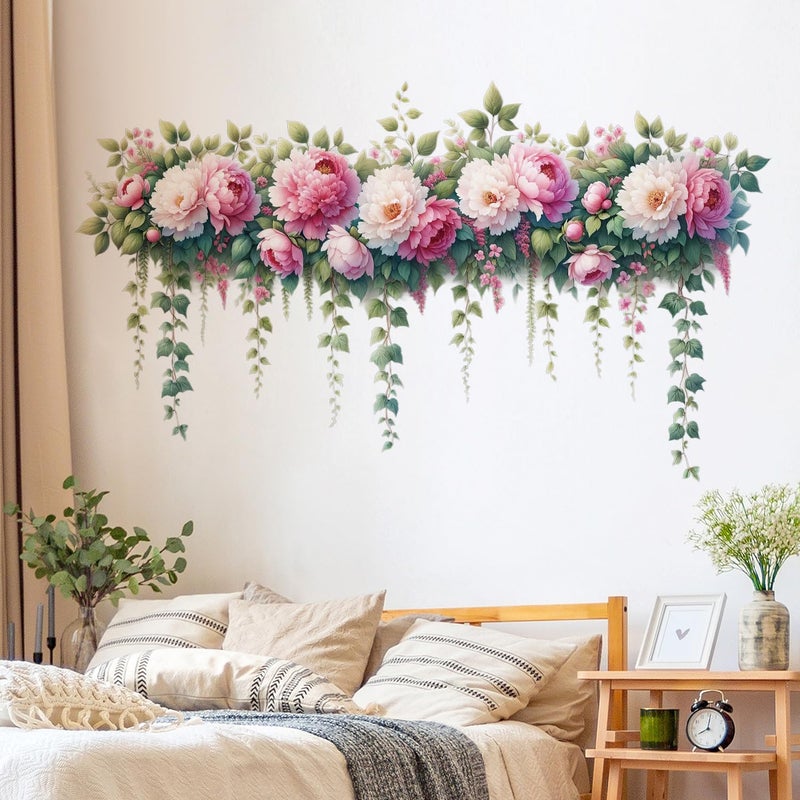 DRWSSR Removable DIY 3D Pink Peony Flower Wall Decals, Hanging Vine Vinyl Fresh Plant Green Leaves Art Decor for Girls Nursery Bedroom Living Room TV Background - Image 1