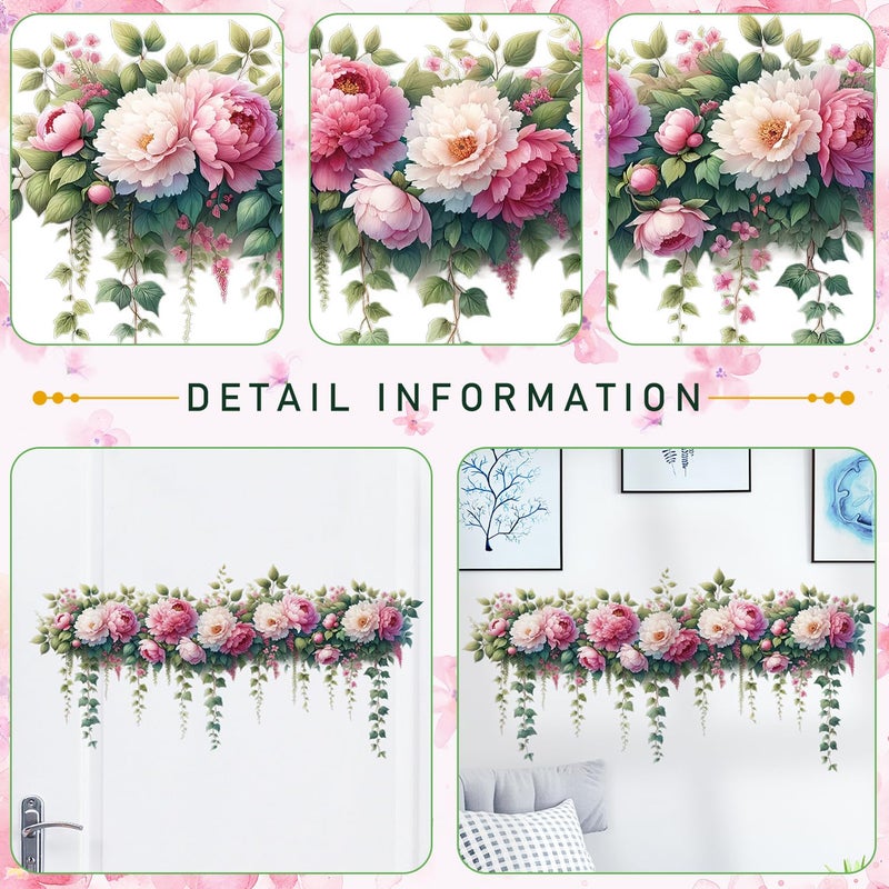 DRWSSR Removable DIY 3D Pink Peony Flower Wall Decals, Hanging Vine Vinyl Fresh Plant Green Leaves Art Decor for Girls Nursery Bedroom Living Room TV Background - Image 3
