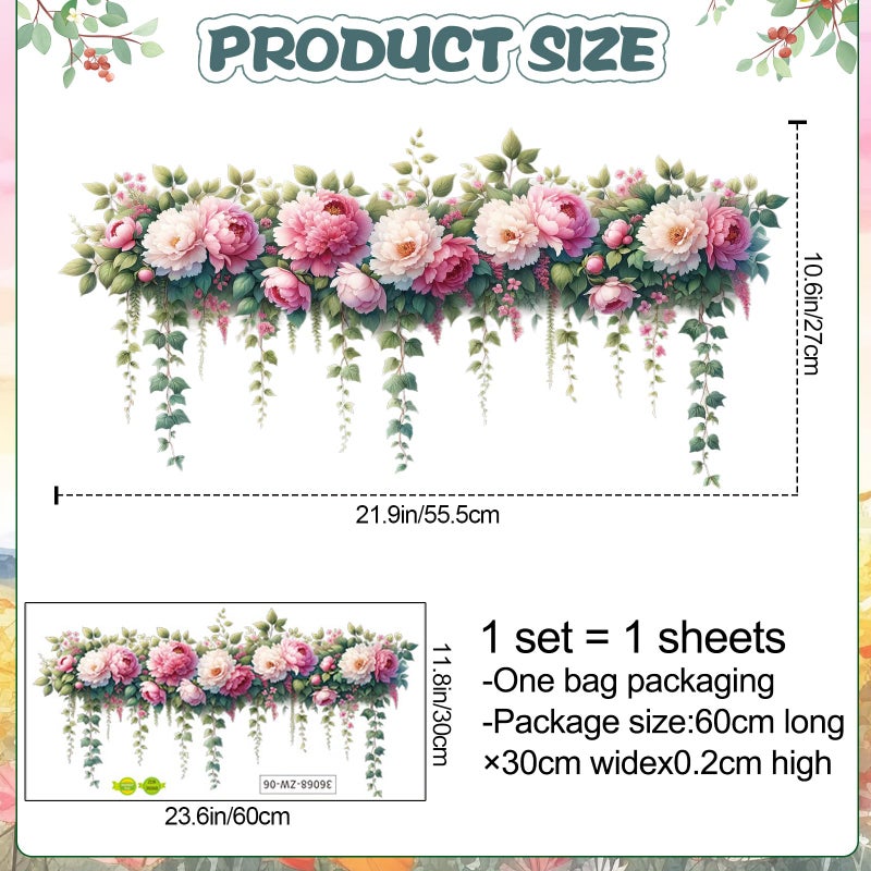DRWSSR Removable DIY 3D Pink Peony Flower Wall Decals, Hanging Vine Vinyl Fresh Plant Green Leaves Art Decor for Girls Nursery Bedroom Living Room TV Background - Image 2