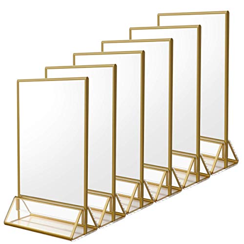 NIUBEE 6Pack 4 x 6 Clear Acrylic Sign Holder with Gold Borders and Vertical Stand, Double Sided Table Menu Holders Picture Frames for Wedding Table Numbers, Restaurant Signs, Photos and Art Display - Image 1