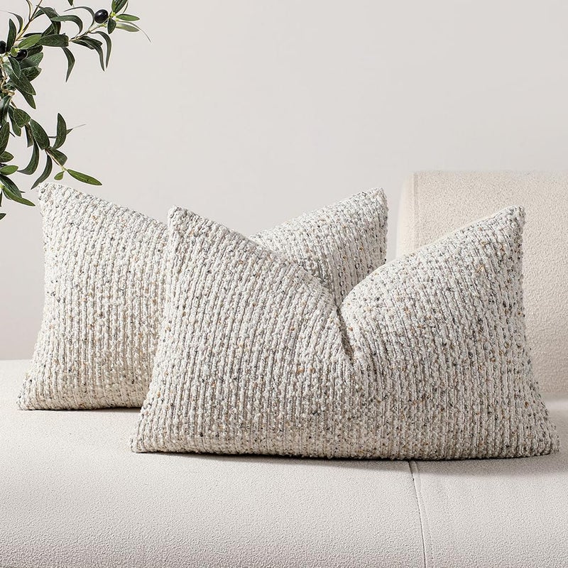 DEZENE Striped Throw Pillow Covers 12x20 Set of 2 Cream Grey Textured Boucle Chic Morden Boho Accent Farmhouse Rectangular Lumbar Decorative Couch Pillow Covers for Home Decor Bed Sofa Living Room - Image 1