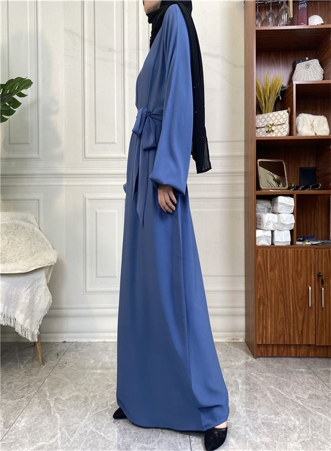 Loquat Casual Elegant Lace-Up Dress Abaya Blue  - Image 3