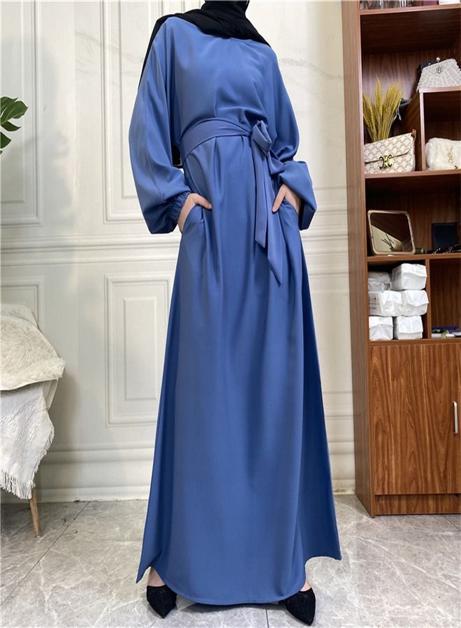 Loquat Casual Elegant Lace-Up Dress Abaya Blue  - Image 2