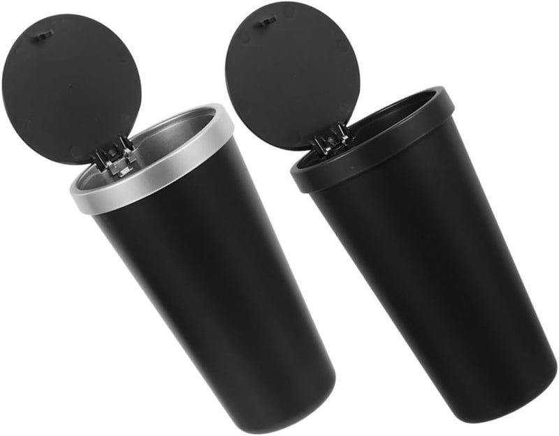 Cabilock 2pcs Car Trash Can with Lid Mini Portable Garbage Bin for Vehicle Cup Holder Compact Trash Container for Car Center Console and Organized Interior Black and Silver Edge - Image 1