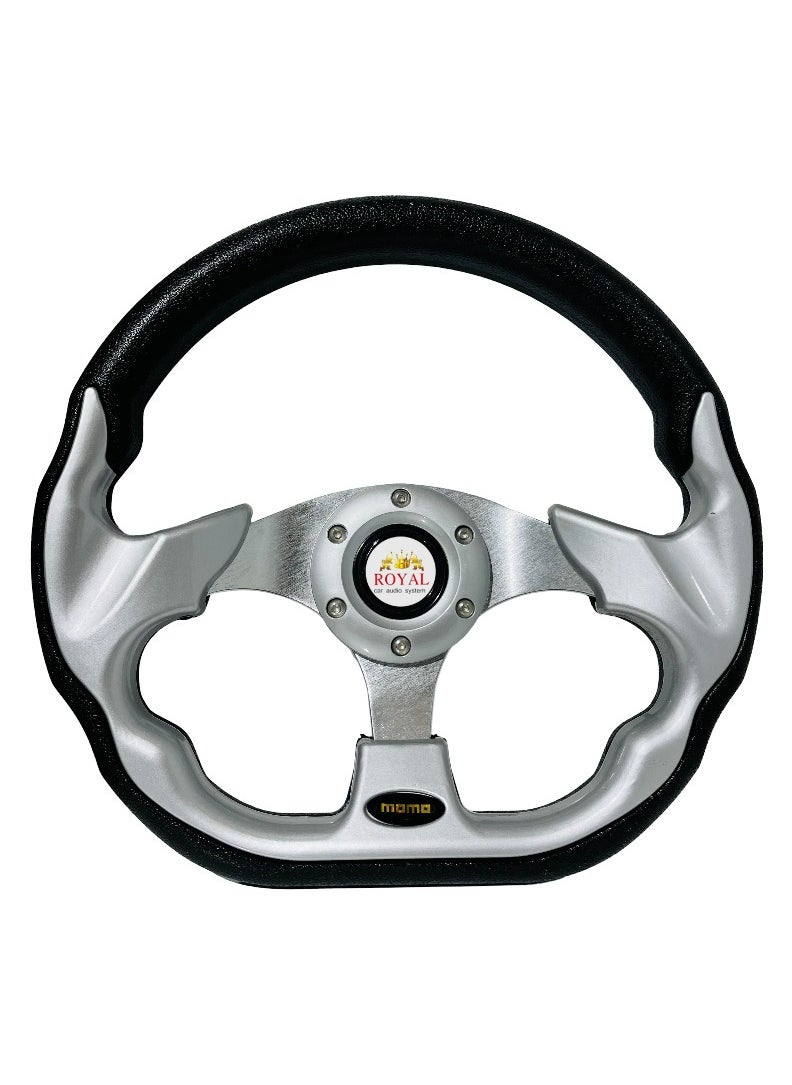 Royal - ROYAL - Universal Racing Steering Wheel for Car, "D" Shaped Horn Race Tuning Style Sport MOMO Steering Wheel for Race/Rally/Motorsport/Car Sim Driving (DYT-5324) (Silver) - Image 1