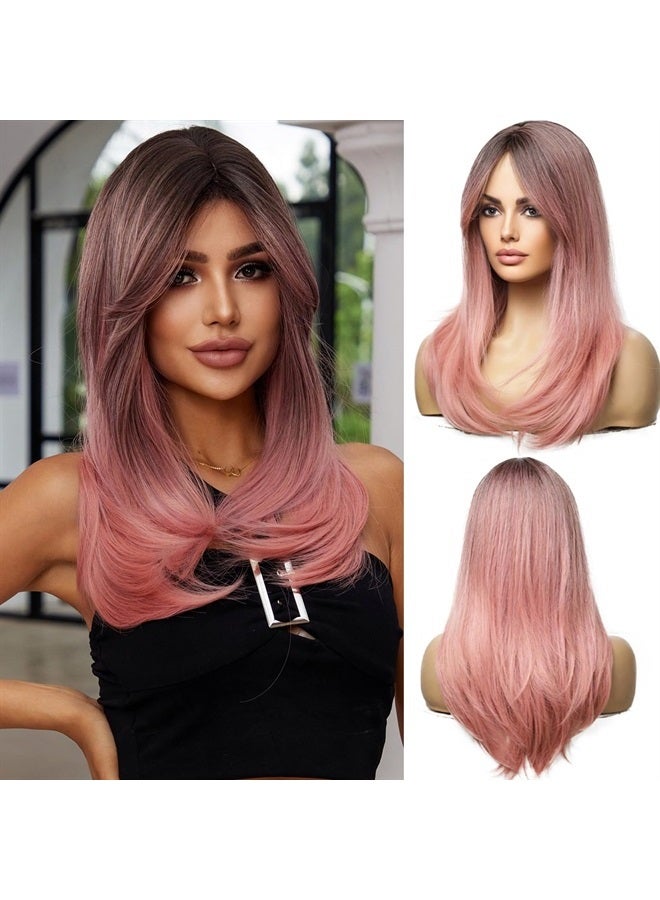 Esmee باروكة نسائية طويلة بتدرج اللون الوردي مع جذور داكنة للارتداء اليومي وحفلات الكوسبلاي - 20" - Image 1