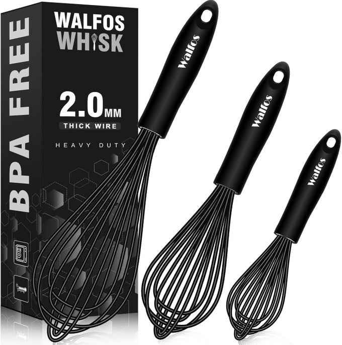 SILICONE WHISK STAINLESS STEEL WIRE WHISK SET OF 3 HEAT RESISTANT KITCHEN WHISKS FOR NONSTICK COOKWARE BALLOON EGG BEATER PERFECT FOR BLENDING WHISKING BEATING FROTHING STIRRING BLACK