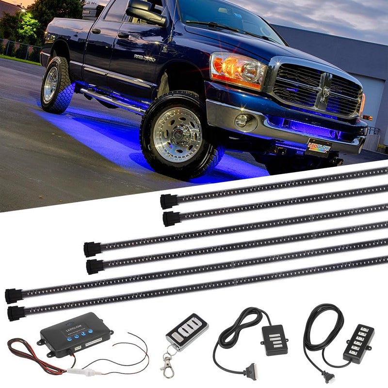 LEDGlow 6pc Million Color MultiColor Truck LED Neon Underglow Accent Lighting Kit  18 Solid Colors  12 Patterns  Music Mode  Rigid MultiColor Underbody Tubes  Includes Control Box  Remote