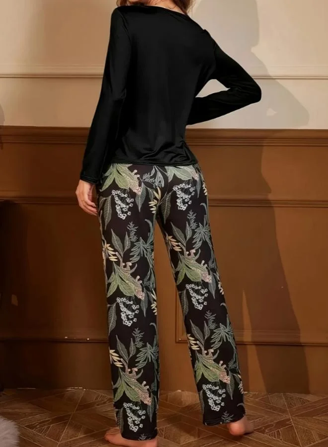 Take Two Take Two Solid Long Sleeve T-Shirt and Leaf Print Pyjama Set