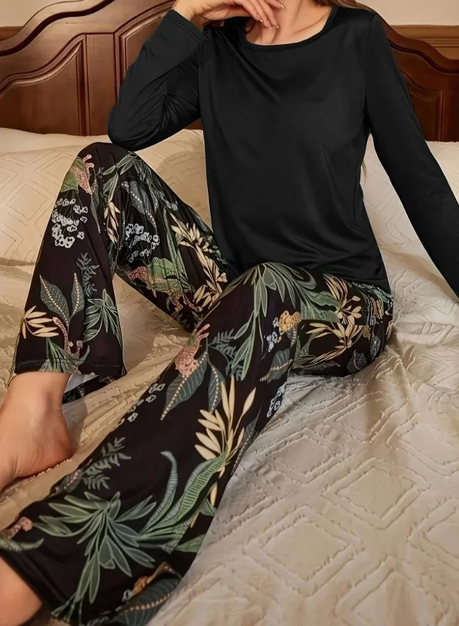 Take Two Take Two Solid Long Sleeve T-Shirt and Leaf Print Pyjama Set