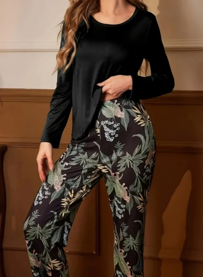 Take Two Take Two Solid Long Sleeve T-Shirt and Leaf Print Pyjama Set