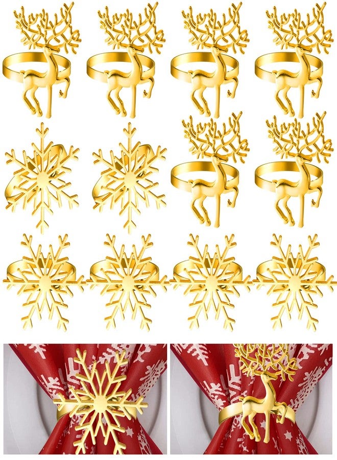 ELECLAND 12Pcs Gold Christmas Napkin Rings - Deer and Snowflake Holders for Xmas Dinner Tables, Winter Party Decorations - Image 1
