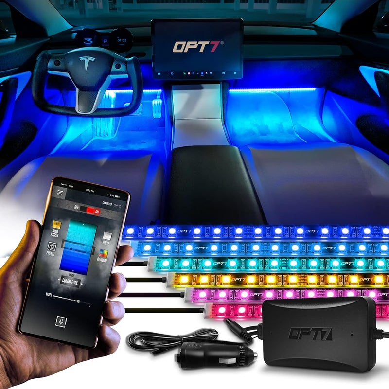 OPT7 Aura Pro 6PC Interior Lights for Truck SUV RV with App & Remote Control, Multicolor Mode, Music Sync Neon Accent Lighting Kit, Under Dash Decor, 12V Car Charger, Single Row LED Strip - Image 1