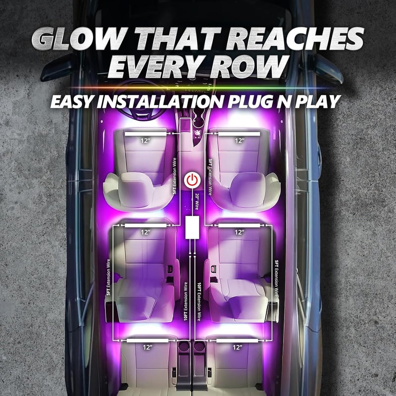 OPT7 Aura Pro 6PC Interior Lights for Truck SUV RV with App & Remote Control, Multicolor Mode, Music Sync Neon Accent Lighting Kit, Under Dash Decor, 12V Car Charger, Single Row LED Strip - Image 3