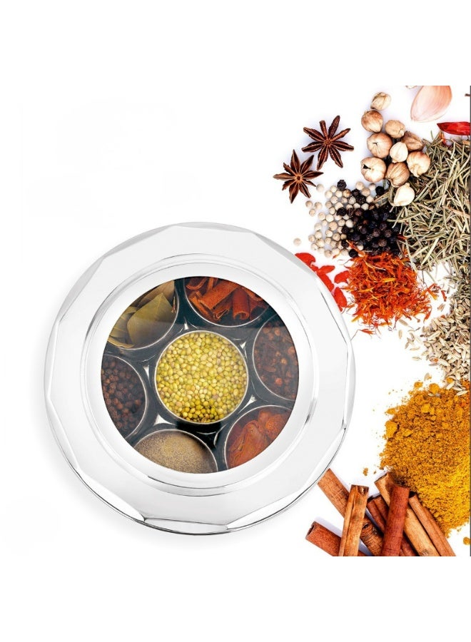 Decent Stainless Steel Diamond Cut Design Spice Box with Transparent Lid | 12.5 Inch Round Masala Box with 7 Cups | Premium Steel Spice Organizer - Image 1