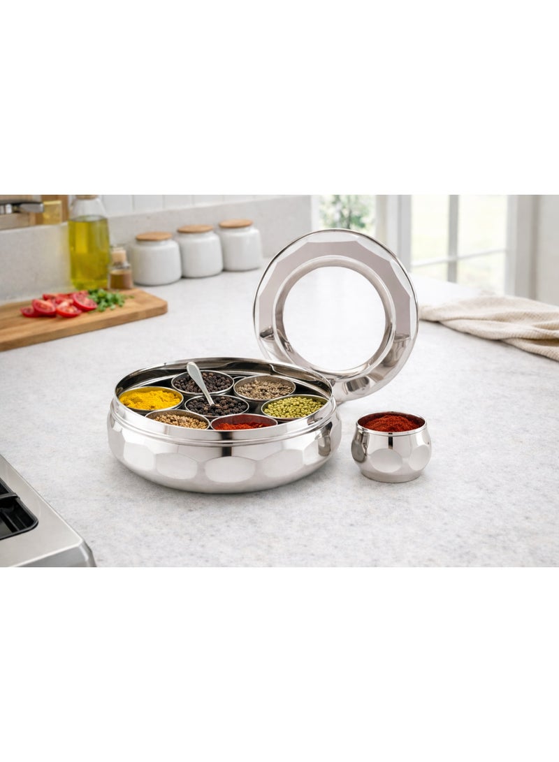 Decent Stainless Steel Diamond Cut Design Spice Box with Transparent Lid | 12.5 Inch Round Masala Box with 7 Cups | Premium Steel Spice Organizer - Image 3