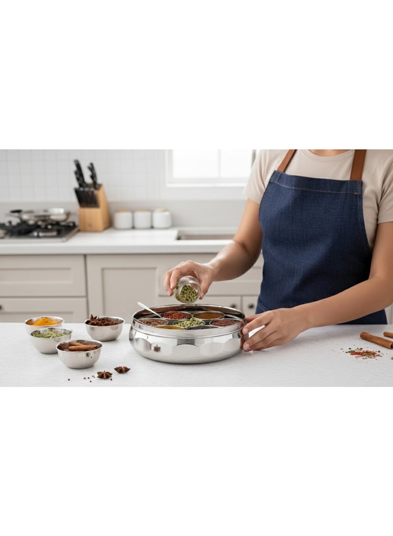 Decent Stainless Steel Diamond Cut Design Spice Box with Transparent Lid | 12.5 Inch Round Masala Box with 7 Cups | Premium Steel Spice Organizer - Image 4