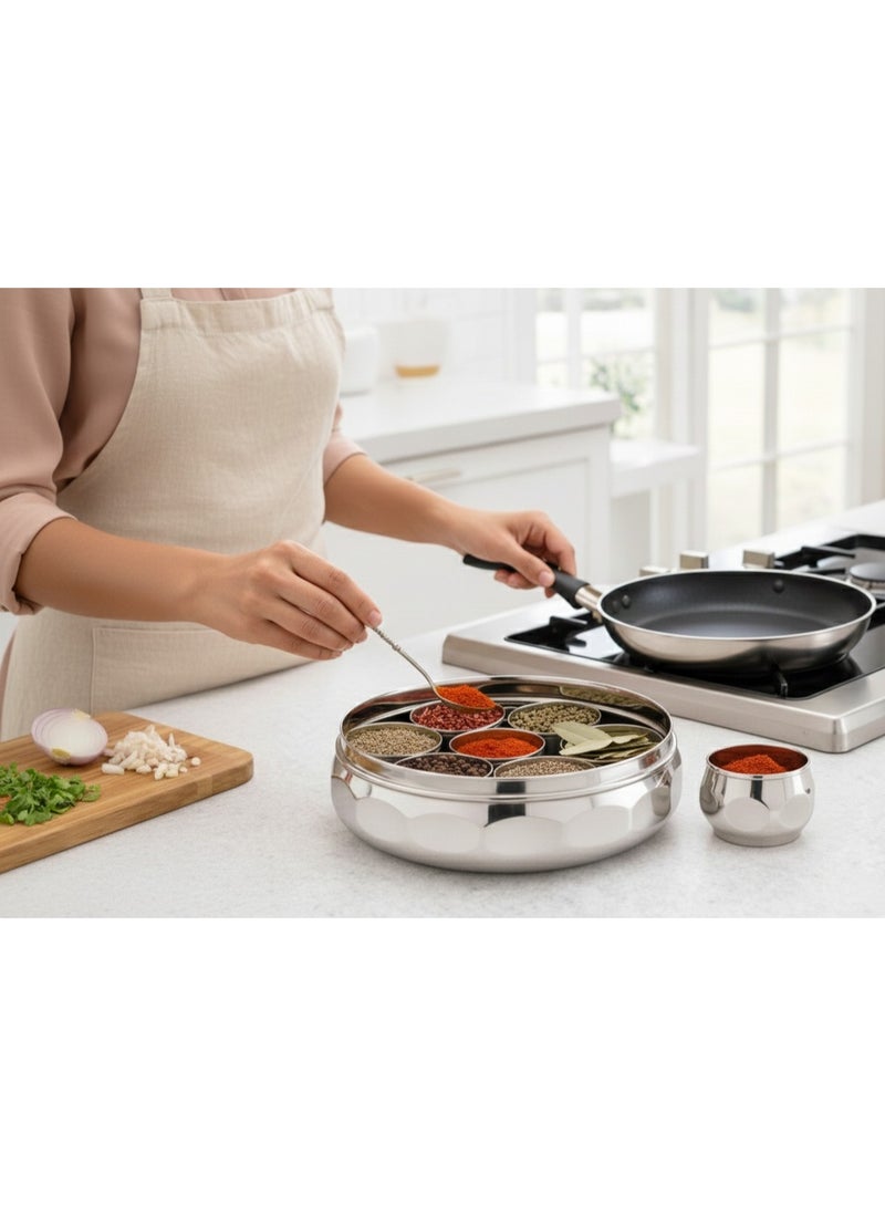 Decent Stainless Steel Diamond Cut Design Spice Box with Transparent Lid | 12.5 Inch Round Masala Box with 7 Cups | Premium Steel Spice Organizer - Image 5