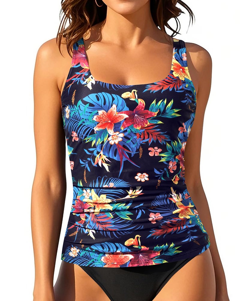 Aqua Eve Tankini Tops for Women Swimwear Top Only Tummy Control Bathing Suit Top No Bottom (Available in Plus) Black and Colorful Flower M - Image 1