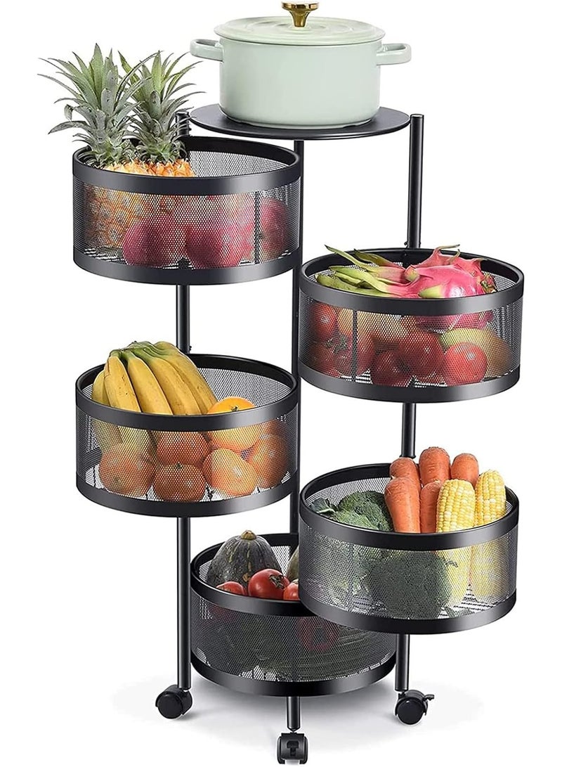 بلومنغ تايم رف تخزين مطبخ من 5 طبقات، سلة فاكهة وخضراوات دوارة، سلة دائرية دوارة، رف تخزين كبير مع 4 عجلات متحركة، أسود - Image 3