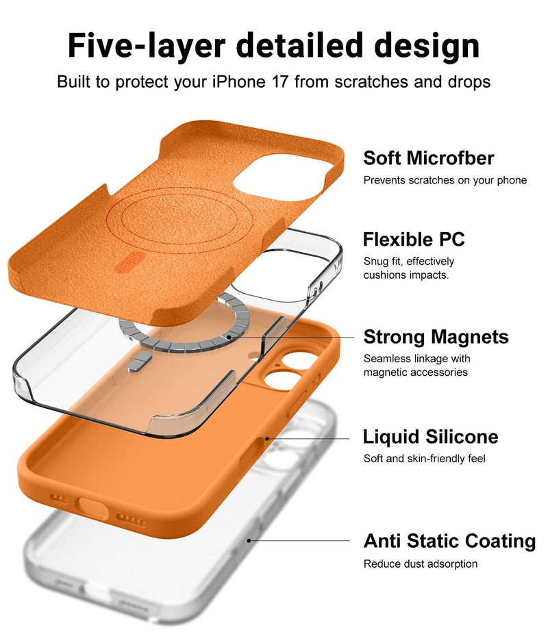 OTOFLY Magnetic for iPhone 17 Case,Compatible with Magsafe,Classic Liquid Silicone Mobile Phone Case,Integrated Camera Control Button,Anti-Scratch Microfiber Lining, Orange - Image 3