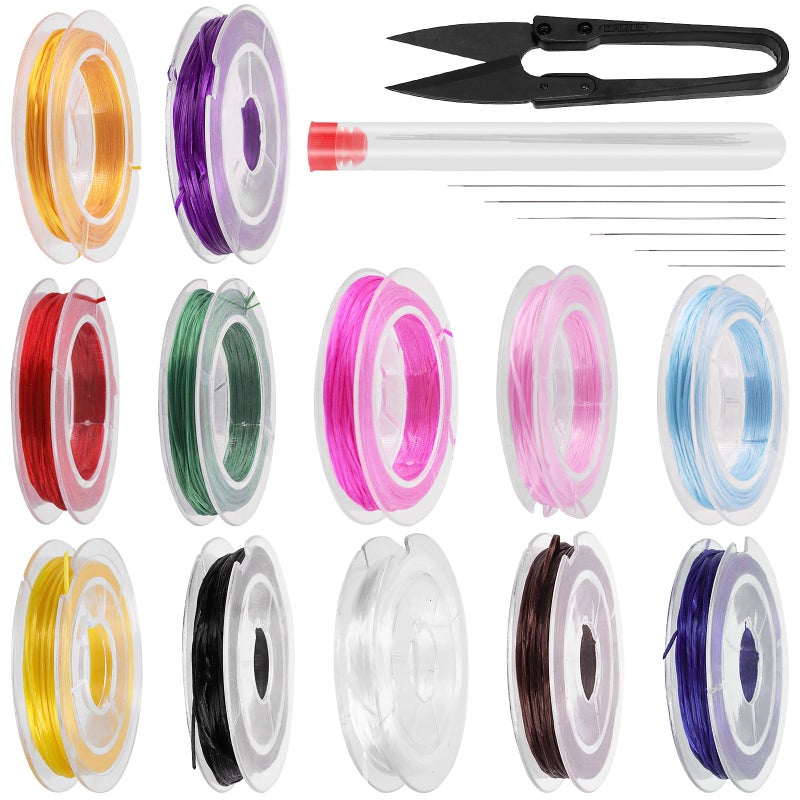 Glarks 12Rolls Elastic Bracelet String Cord Set 12 Colors Stretchy Elastic String Cord with UScissors and 5Pcs Beading Needles for DIY Jewelry Making