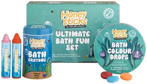 Honeysticks مجموعة المرح النهائية في الحمام من هونيستيك - أقلام تلوين غير سامة 7 قطع وأقراص تلوين الحمام 36 قطرة لساعات من المرح الإبداعي في حوض الاستحمام - مكونات طبيعية وصالحة للأكل - مجموعة هدايا رائعة للأطفال - Image 1