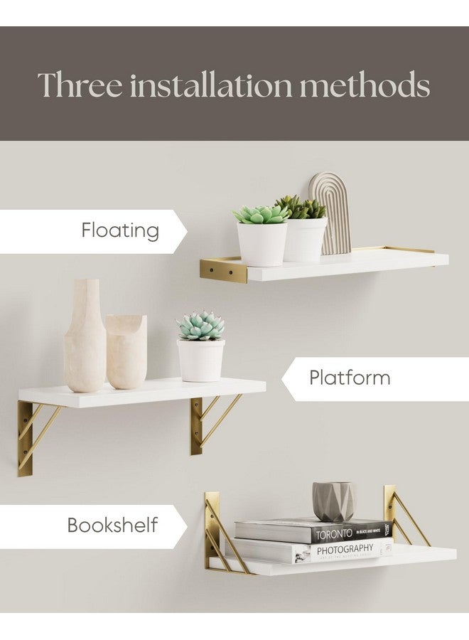 BAYKA Wall Shelves for Bedroom Decor, Floating Wall Shelves for Living Room Kitchen Storage, Wall Mounted Rustic Wood Shelves for Kids Books,Corner Shelves for Bathroom(White and Gold，Set of 3) - Image 2