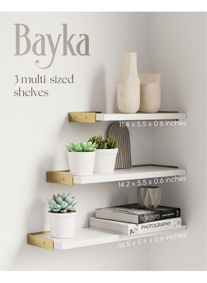 BAYKA Wall Shelves for Bedroom Decor, Floating Wall Shelves for Living Room Kitchen Storage, Wall Mounted Rustic Wood Shelves for Kids Books,Corner Shelves for Bathroom(White and Gold，Set of 3) - Image 1