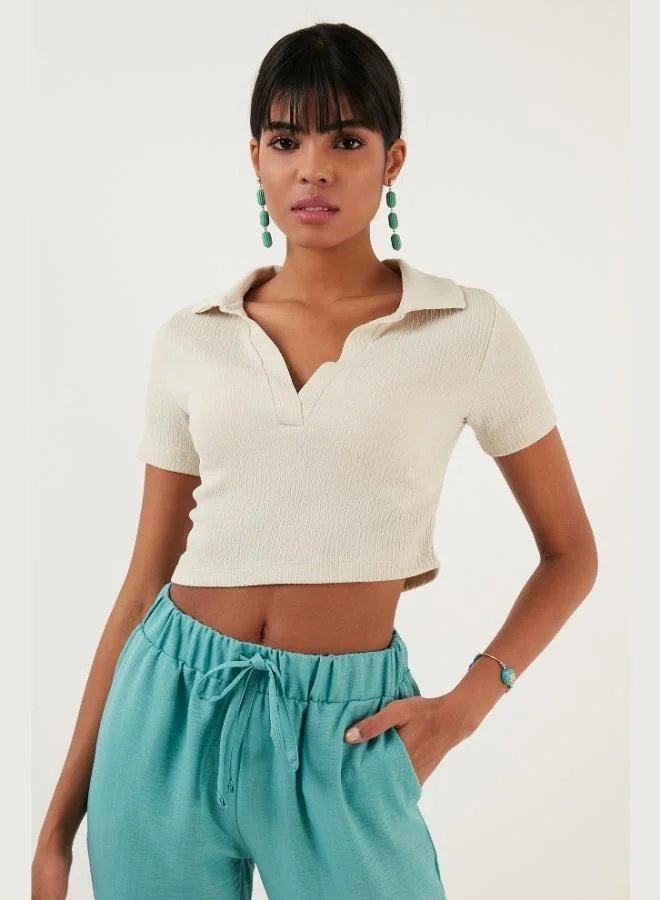 Lela Lela Slim Fit Polo V-Neck Crop Blouse Women's BLOUSE 5865035