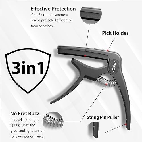 Salvori Exclusive Obsidian Black 'Dark Knight' Heavy-Duty Multi-Instrument Capo with 4 Picks, Clip for Classical Guitar, Ukulele, Mandolin, Banjo - Image 5