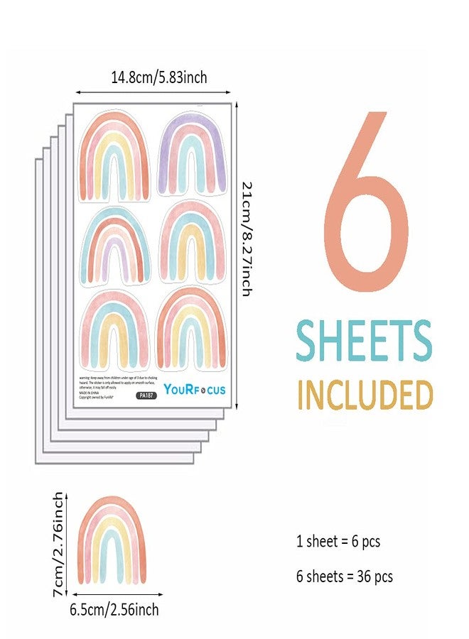 YouRfocus Watercolor Rainbow Wall Decals for Girls Bedroom 36 Pcs, Rainbow Stickers for Wall Mural Vinyl Peel and Stick DIY Decorations (6 Sheets) - Image 4