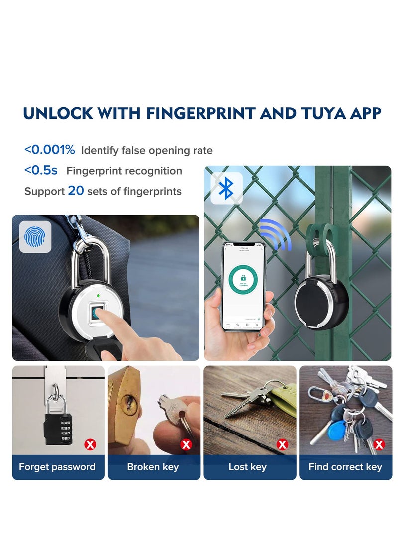 SOLARAE Fingerprint Padlock, Rechargeable USB Keyless Door Smart Lock, IP55 Waterproof Bluetooth APP Fingerprint Locker, Biometric Thumbprint Smart Lock, for Gym, Office, Luggage, Suitcase, Backpack - Image 3