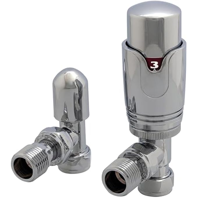 ANGLED THERMOSTATIC RADIATOR VALVE TRV & LOCKSHIELD 15MM X 1/2'' CHROME PACK - Image 1