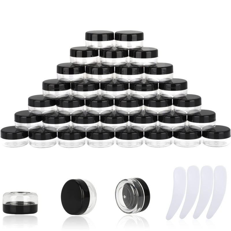 YOMOSPACE 50PCS 10 Gram Sample Containers 10ml Empty Jars with Lids Small Cosmetic Containers Mini Sample Jars with 4PCS Mini Spatulas for Make Up Oils Lotion Powder Paint Jewelry Lip BalmsBlack Lid