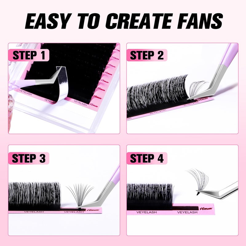 VEYES INC Cashmere Smart Fan Lash Extensions 0.03 0.05 0.07 C/CC/D Curl 8-20mm Mixed & Single Length, Super Matte Black Volume Lashes, Professional Supplies for Lash Techs (0.03 D 8-16mm) - Image 5