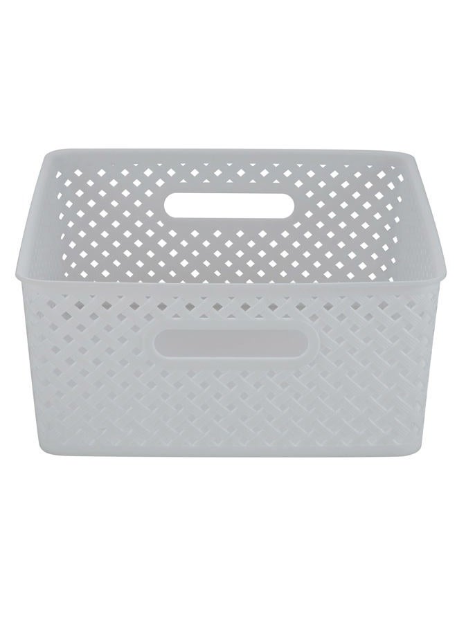 Simplify Medium Resin Wicker Tote | Storage Bin | Plastic Organizer | Carrying Handles | Bathroom | Pantry | Accessories | Cleaning Products | White - Image 3