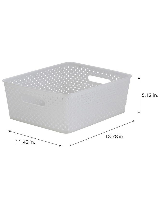 Simplify Medium Resin Wicker Tote | Storage Bin | Plastic Organizer | Carrying Handles | Bathroom | Pantry | Accessories | Cleaning Products | White - Image 4