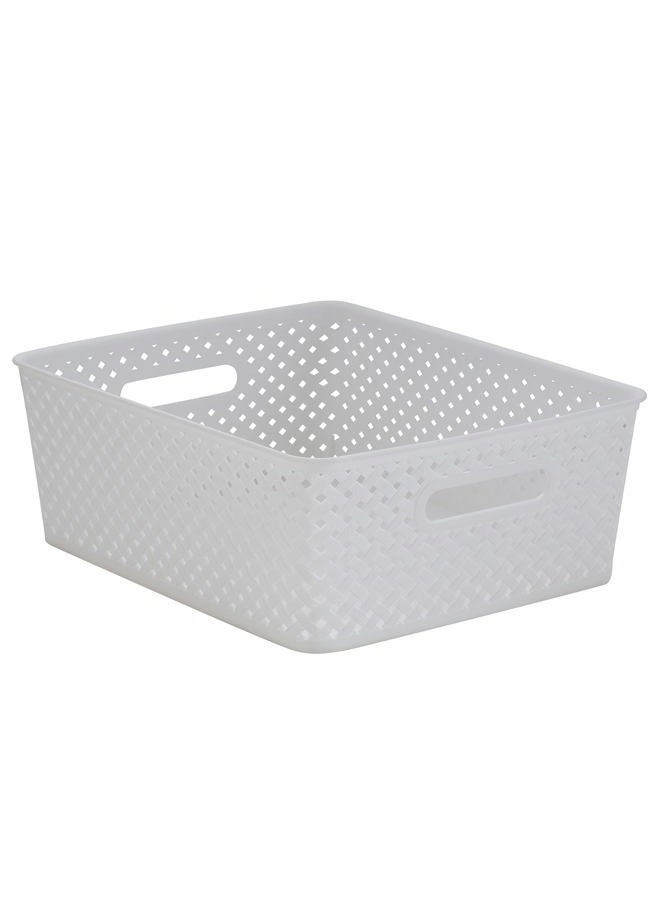 Simplify Medium Resin Wicker Tote | Storage Bin | Plastic Organizer | Carrying Handles | Bathroom | Pantry | Accessories | Cleaning Products | White - Image 1
