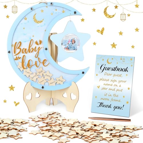 gisgfim Baby Shower Guest Book Alternatives Moon Guest Book for Baby Shower Guest Book Frame with Star Baby Shower Decorations Guest Book Alternative for Wedding Boys Girls Birthday Party KeepsakeBlue - Image 1