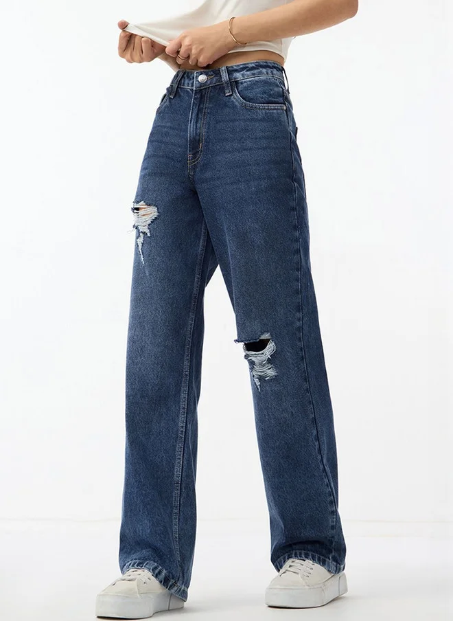 ذا سوليد ستور The Souled Store Women Straight Fit Mid-Rise Low Distress Light Fade Jeans