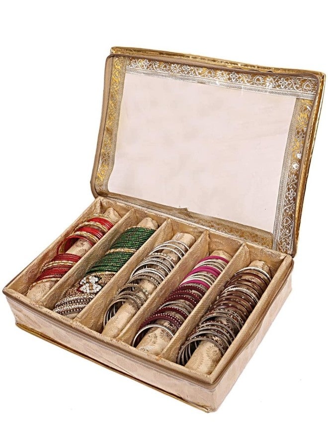 Ankit Traders Fancy Bangle Box Brocade Hardboard Bangle Box Bangle Organizer Box Jewellery Storage Box (Golden - 5 rod) - Image 1