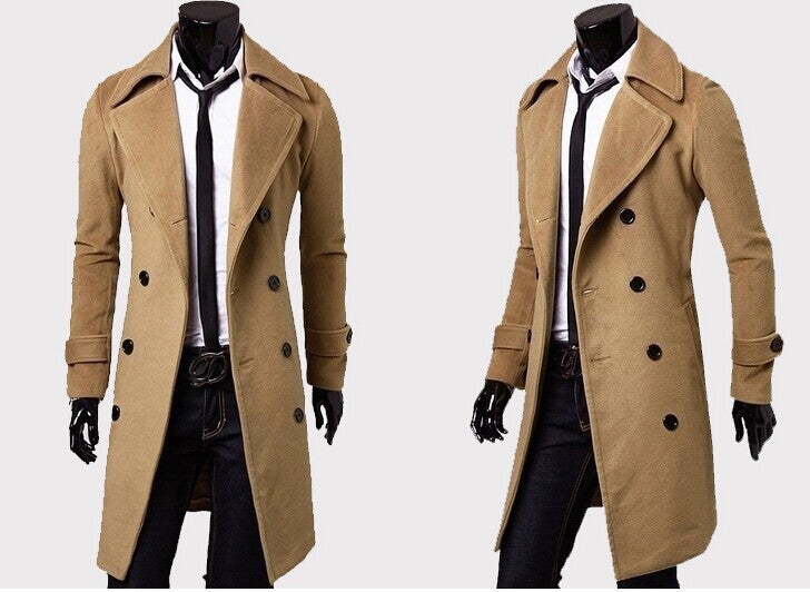 Autumn and Winter Long Double-breasted Windbreaker Men's Wool Coat Slim Fit Wool Coat Men