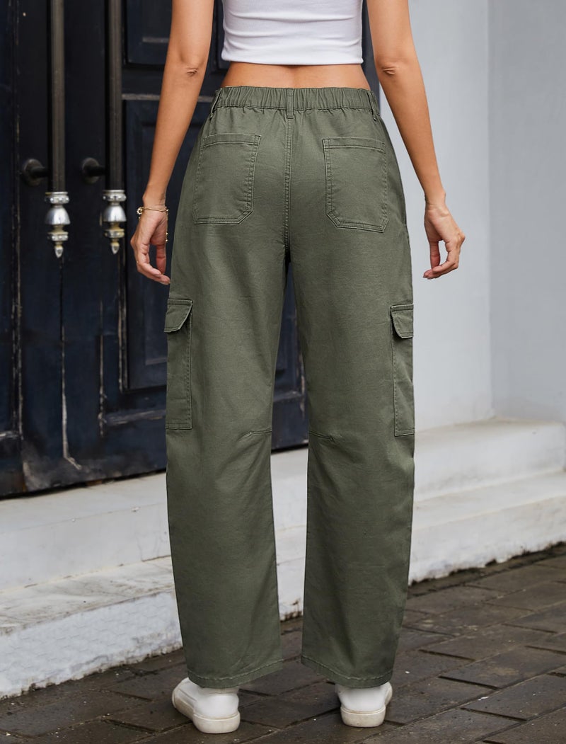 Eddoyee Barrel Pants Women Cargo Ankle Pants Casual Wide Leg Baggy High Waist Trousers Stretchy with 6 Pockets(Army Green, Large) - Image 2
