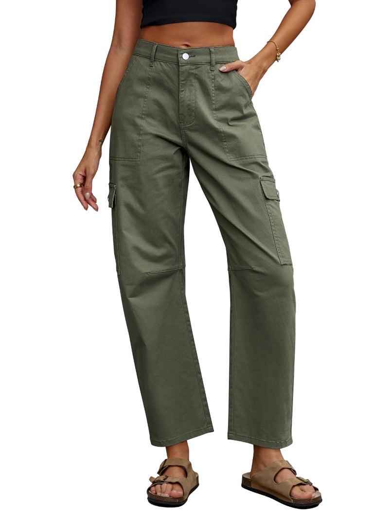 Eddoyee Barrel Pants Women Cargo Ankle Pants Casual Wide Leg Baggy High Waist Trousers Stretchy with 6 Pockets(Army Green, Large) - Image 1