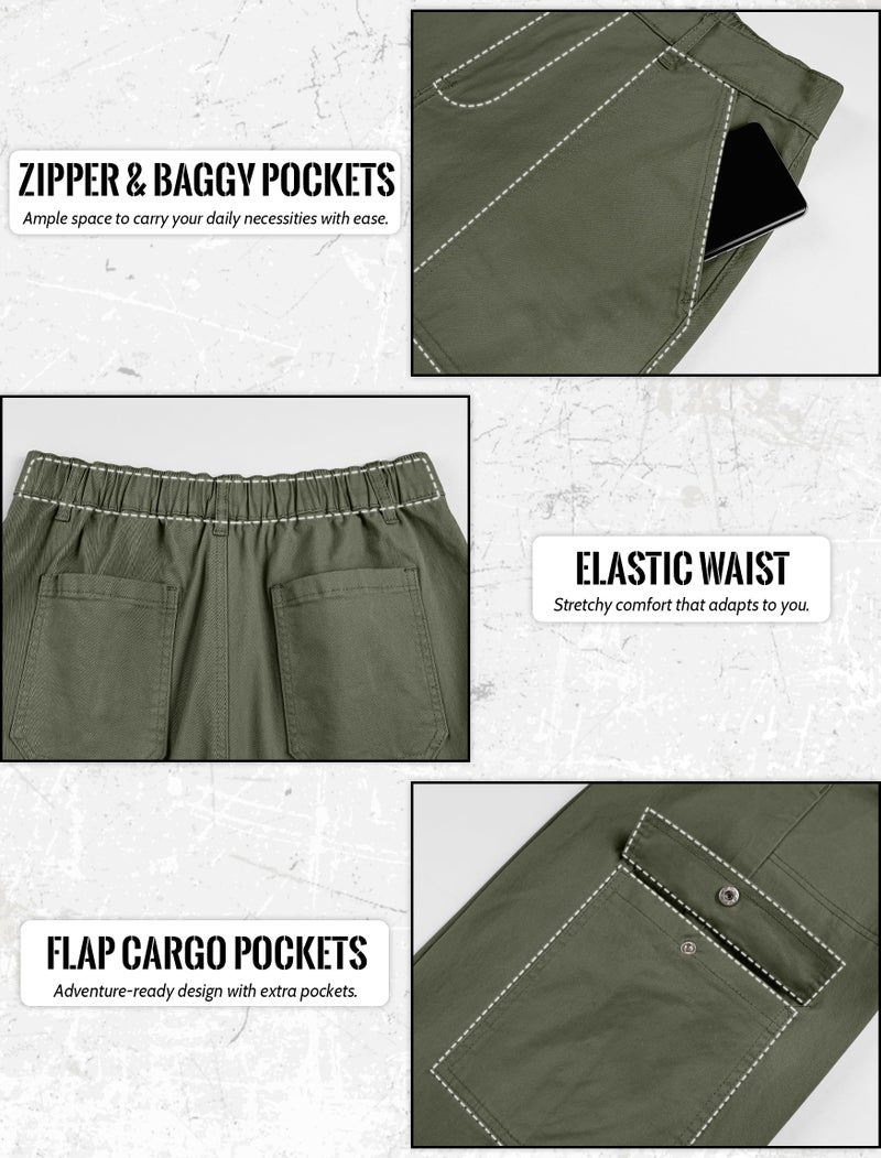Eddoyee Barrel Pants Women Cargo Ankle Pants Casual Wide Leg Baggy High Waist Trousers Stretchy with 6 Pockets(Army Green, Large) - Image 4