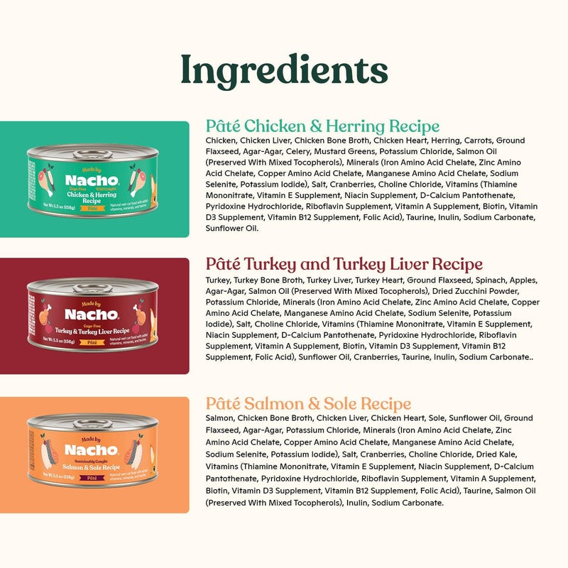 Made by Nacho Pate Wet Cat Food Variety Pack, Chicken, Salmon, and Turkey, 5.5 Ounce Cans, Grain-Free Canned Pet Food, Bone Broth Infused for Hydration, Limited Ingredients, 12 Pack - Image 4
