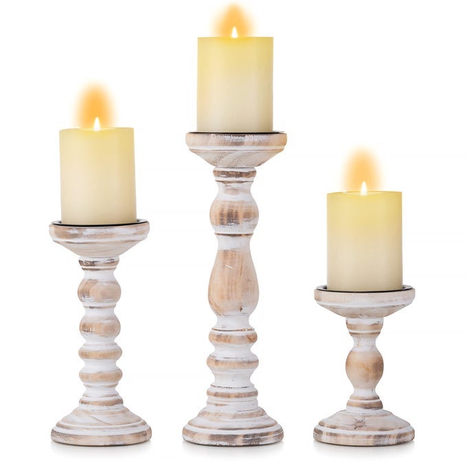 WOODEN CANDLE HOLDERS PILLAR 3PCS WOOD CANDLESTICK HOLDERS RUSTIC PILLAR CANDLE HOLDER SET DISTRESSED WHITE SHABBY CHIC TEALIGHT HOLDERS FOR WEDDING CENTREPIECES FARMHOUSE HOME ROOM DECOR