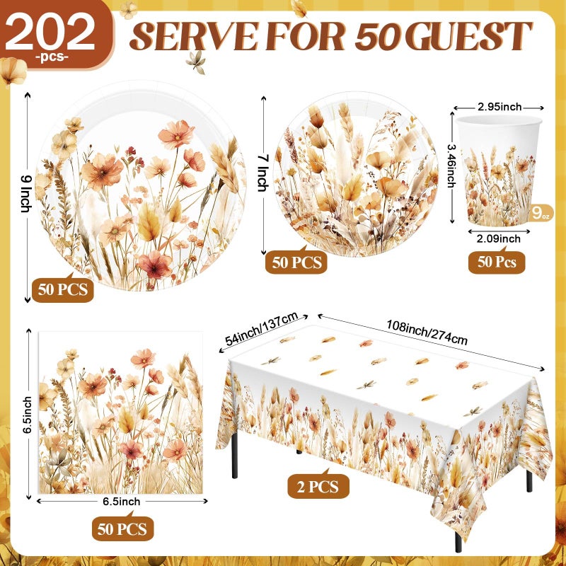 Layhit 202 Pcs Wildflower Party Decoration Supplies Floral Paper Plates Napkins Cups Butterfly Wildflower Tablecloth for Spring Summer Birthday Wedding Party(Herbs, Green) - Image 2