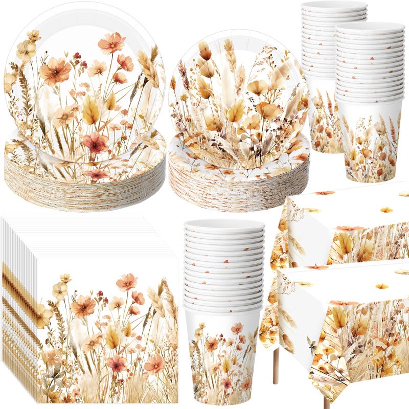 Layhit 202 Pcs Wildflower Party Decoration Supplies Floral Paper Plates Napkins Cups Butterfly Wildflower Tablecloth for Spring Summer Birthday Wedding Party(Herbs, Green) - Image 1